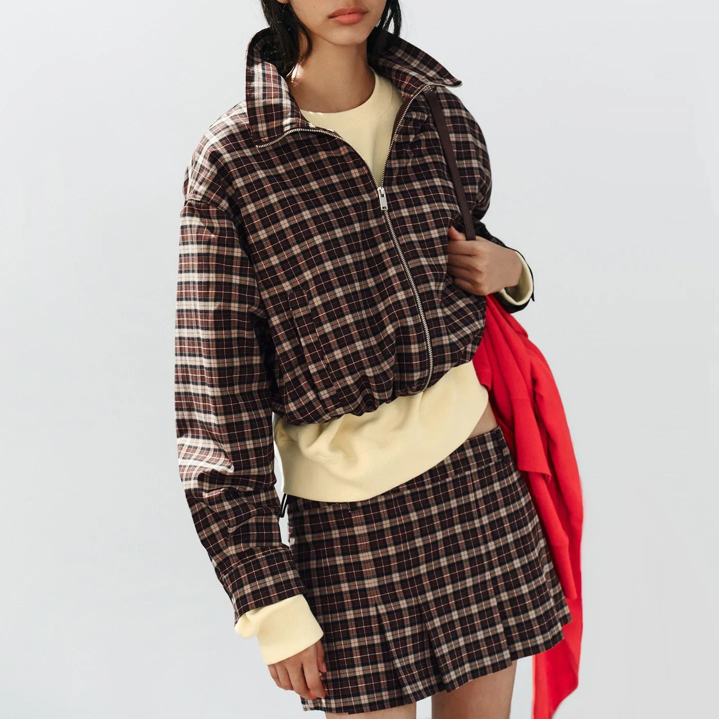 ZADATA Women's Plaid Zipper Collar Jacket And Wide Pleated Skirt Set Autumn Fashion Outerwear Two-Piece Ensemble