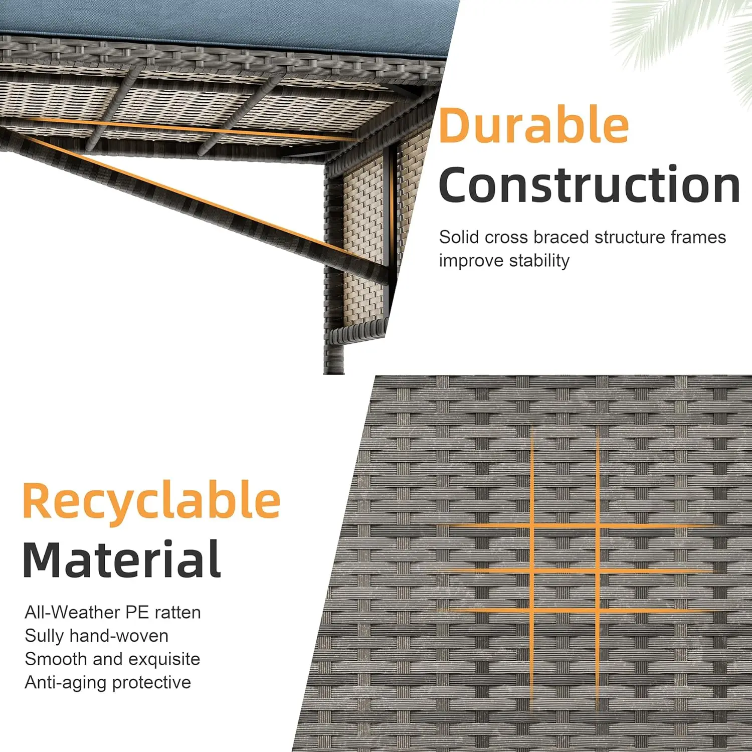 3-Piece Outdoor Patio Furniture Set with Glass Table and Cushions, All-Weather Wicker Rattan Sofa in Blue Grey