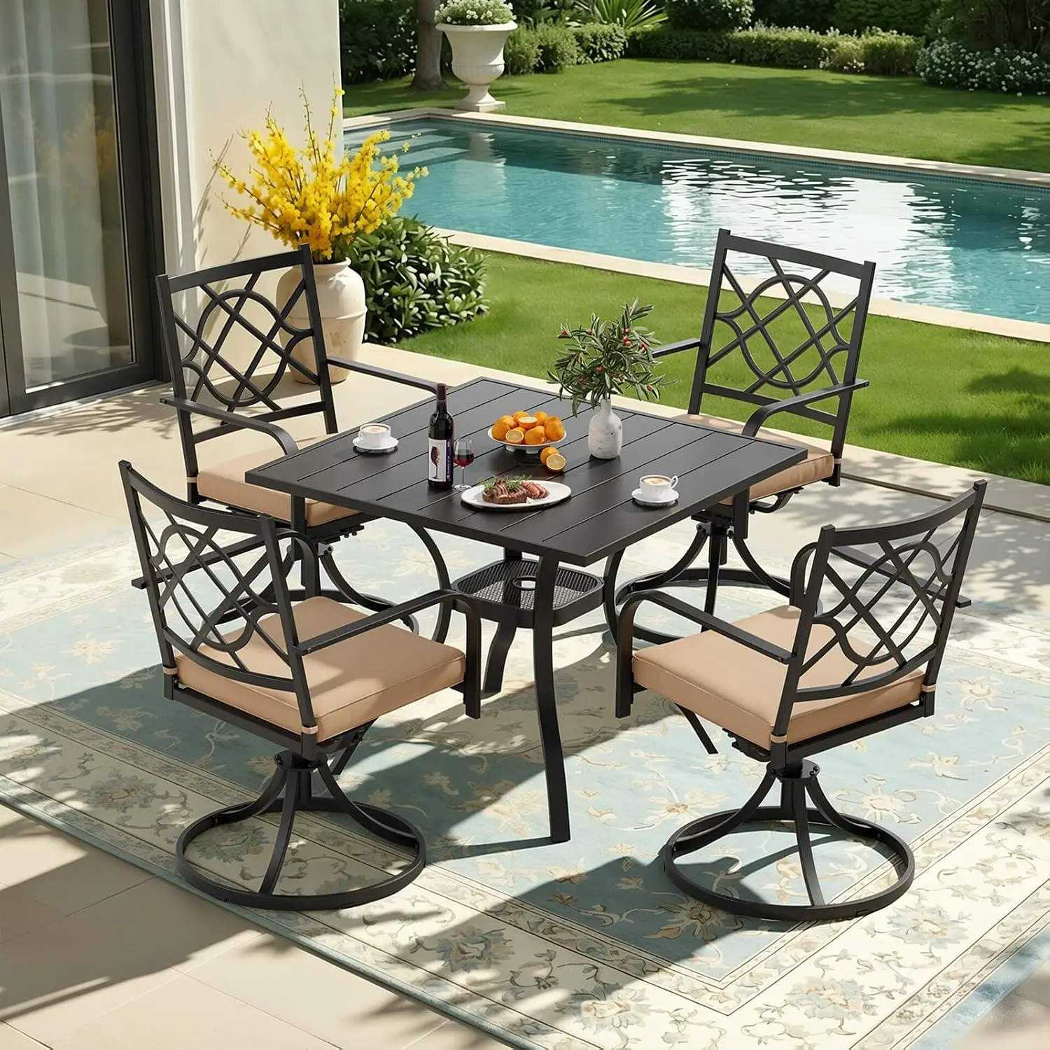 Metal Outdoor Patio Dining Set 5-Piece, 4 Swivel Chairs & Square Table with Umbrella Hole, Customized