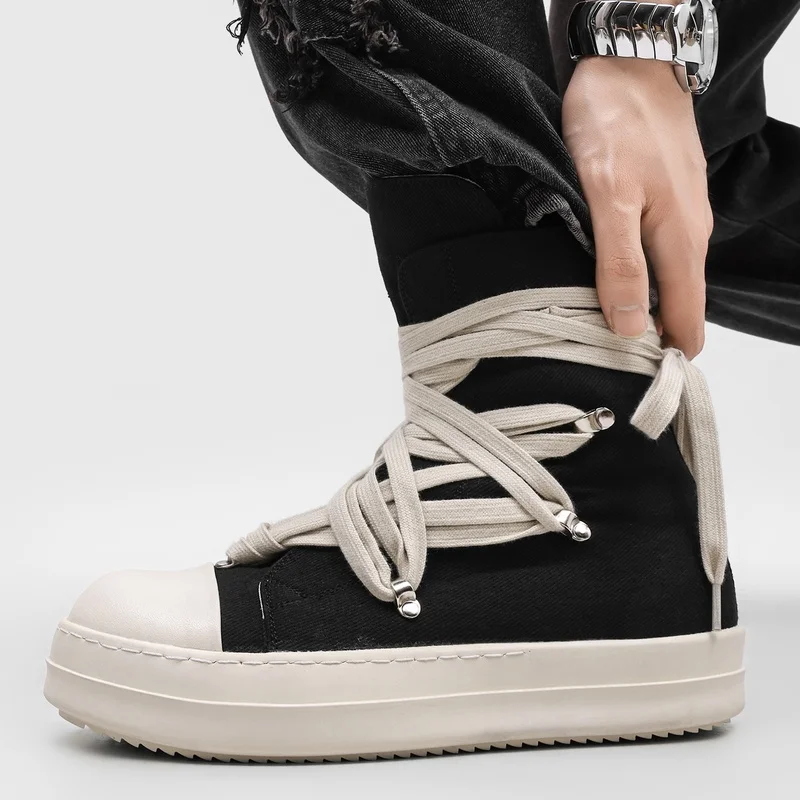 Men Thick Soled Cross Strap High Top Sports Leisure Board Shoes Niche Design Height Increasing Anti Slip High Street Commuting