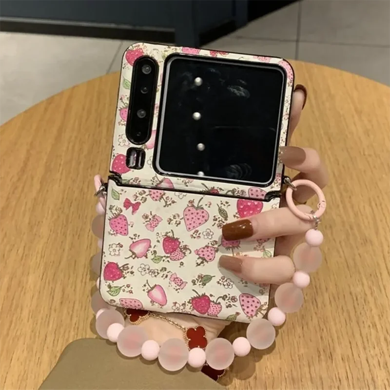 Cute Leather Flip Phone Case For Samsung Galaxy Z Flip8 Flip7 Flip6 Flip5 Xiaomi Mix Flip Huawei Pura X Cases With Bead Chain