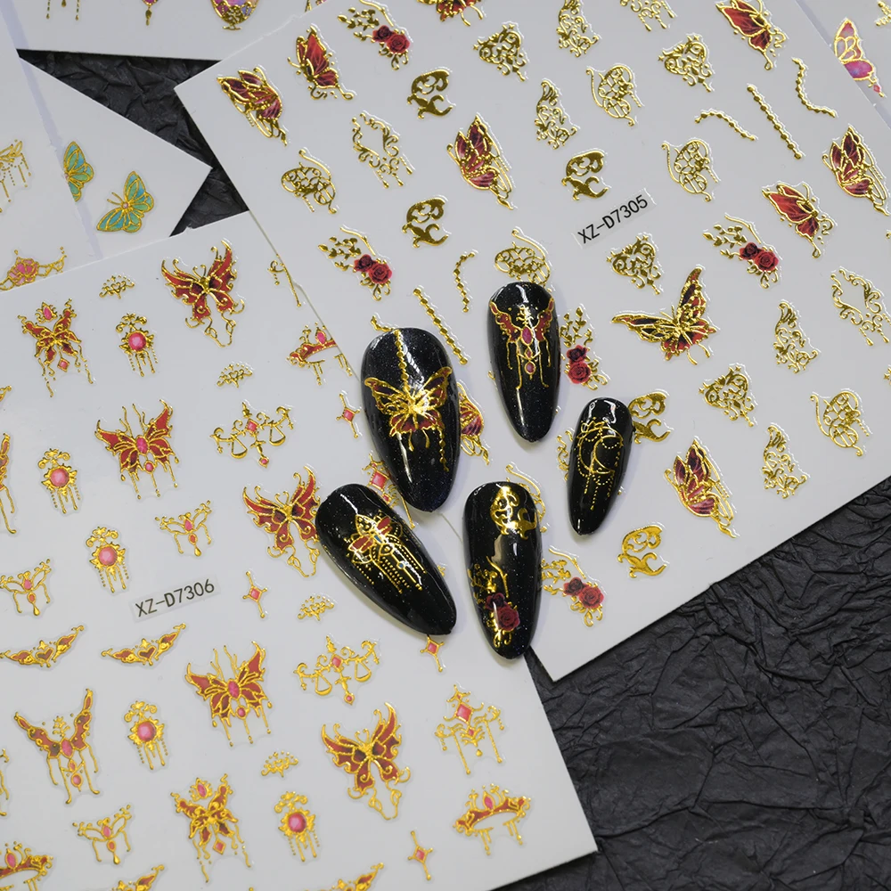 Pegatinas 3D bronceadas para decoración de uñas, mariposa dorada y rosa, 1 Uds., pegatinas para uñas con flores cruzadas/retro, 8x10, adhesivo, mariposas de hadas, decoración para uñas