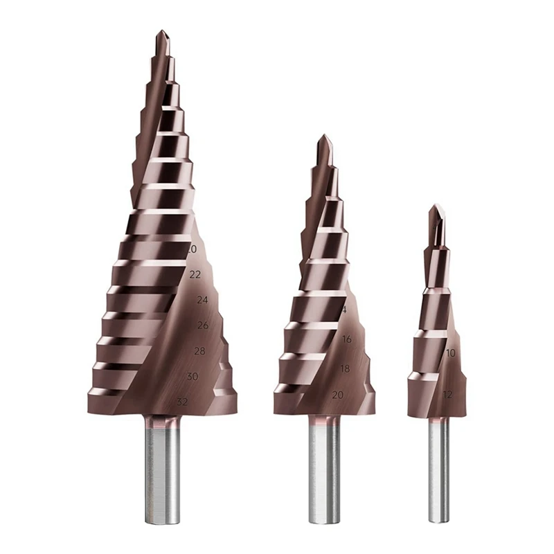 A23T 3Pcs Step Drill Bit Set, Titanium Metric 4-32mm Cone Drill Bits for Metal Wood PVC, M35 Spiral Flute