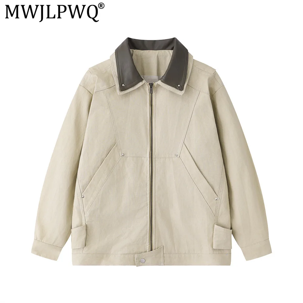 MWJLPWQ Stylish Double-Layered Flip Collar PU Leather Jacket Men Faux Two-Piece Deconstructed Patchwork Loose Fit Workwear 20506