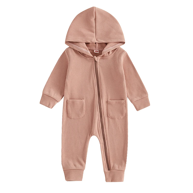 

Baby Girls Boys Autumn Jumpsuit Long Sleeve Hooded Solid Color Casual Oblique Zipper Romper