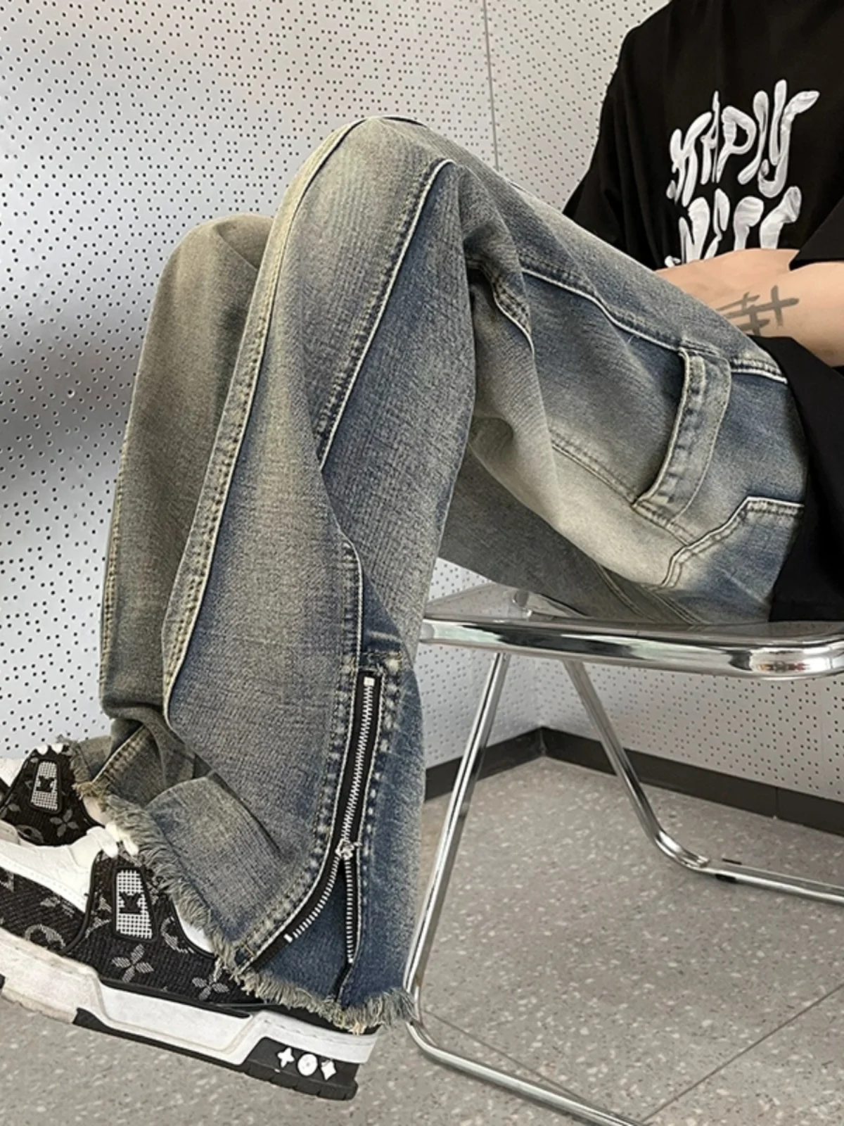 

American Retro Workwear Jeans Men's Trendy Straight Leg Wide Leg Frayed Hem Zip Casual Long Trousers Summer Loose Fit