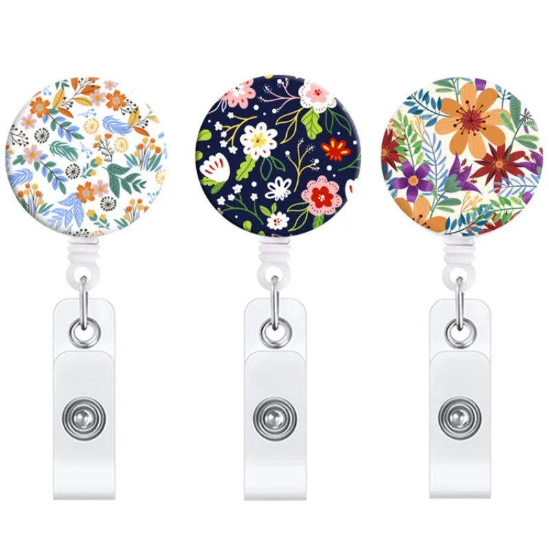 1 Piece Retro Floral  Retractable Badge Reel Vintage Flower Worker ID Name Card Holder Clip Easy Pull Buckle for Doctor Nurse