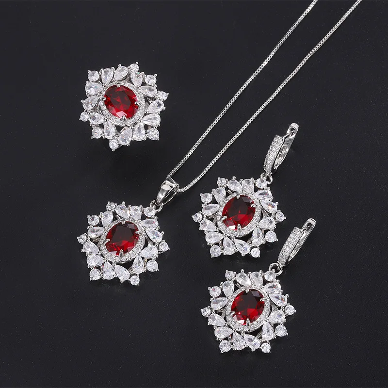 

Luxurious Retro Ruby Crystal Earrings Dating Ring Necklace Snowflake Droplet Ornament Vintage Bridesmaid Gift Dropshipping