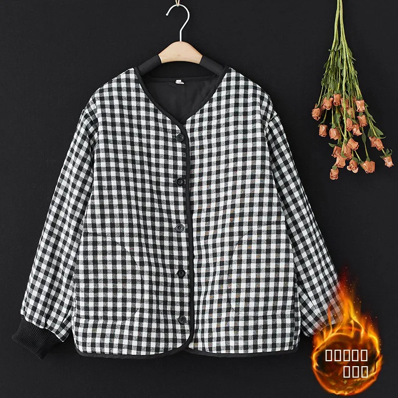 

Thiened Cotton Jaet Women's Coat V-Ne Warm Winter Outerwear Loose Fit Plaid Sle Commute Artistic Single Button Long S...