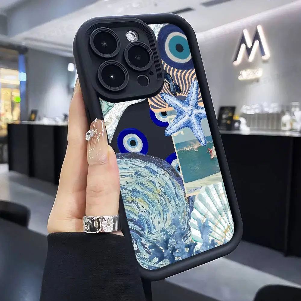 شاطئ البحر مشهد موجة الشاطئ قضية الهاتف آيفون 17 16 15 14 13 12 11 برو ماكس زائد الأسود التغطية الكاملة لينة فوندا غطاء سيليكون