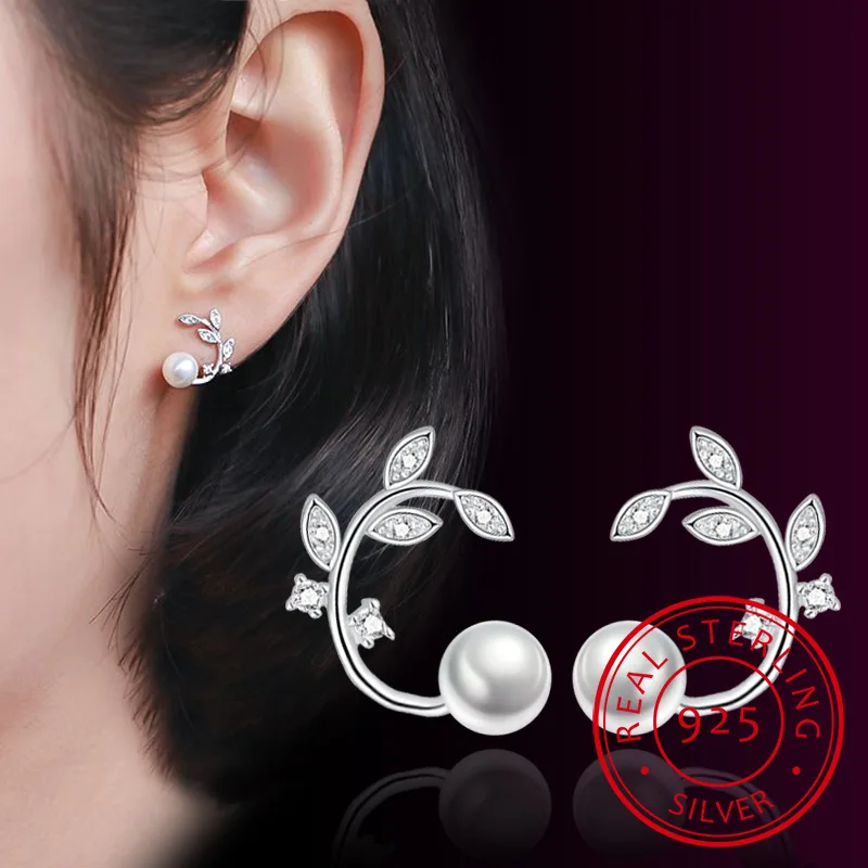 

New Simple Fashion 925 Sterling Silver Zirconia Flower Pearl Branch Tree Leaves Stud Earrings For Women S-E261