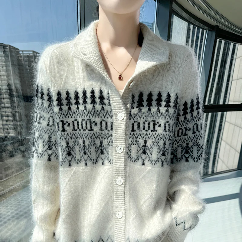 가을 겨울 두꺼운 하이넥 가디건 100% 밍크 캐시미어 여성용 자카드 니트 스웨터 루즈하고 패셔너블한 따뜻한 재킷