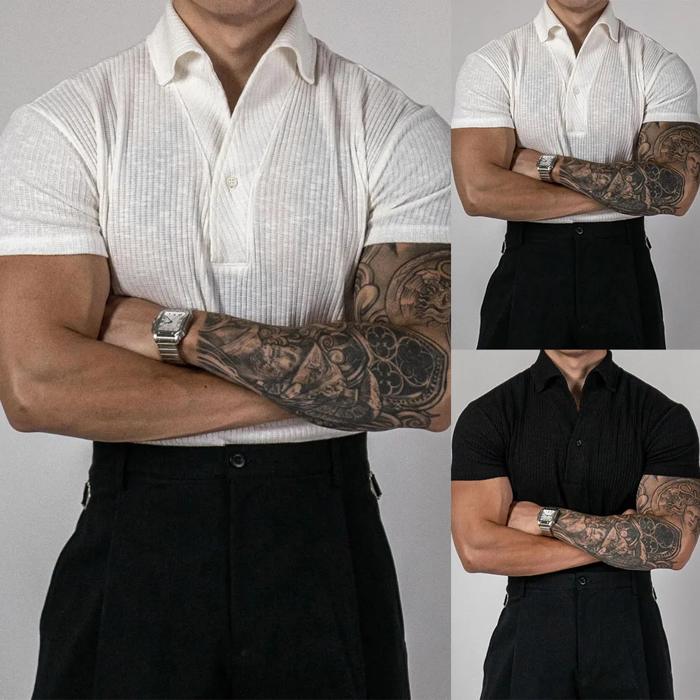 

Summer Thin Mens Ribbed Elastic Tees Short Sleeve T-shirts Breathable Casual Sports Tops T-Shirt Daily Streetwear