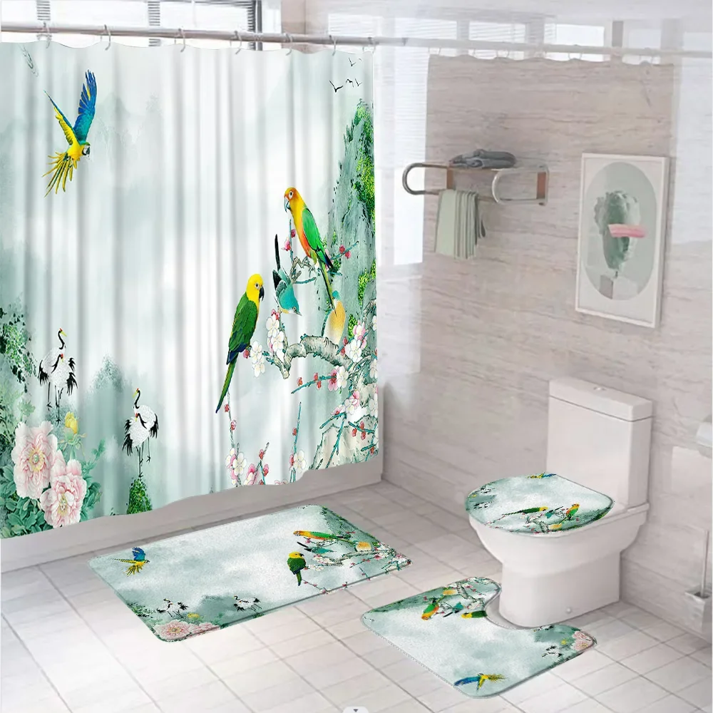 4Pcs Garden Natural Scenery Deer Bathroom Set Shower Curtain Rug Bath Mat Lid Toilet Cover Tree Pigeon Lake Bath Curtains Home