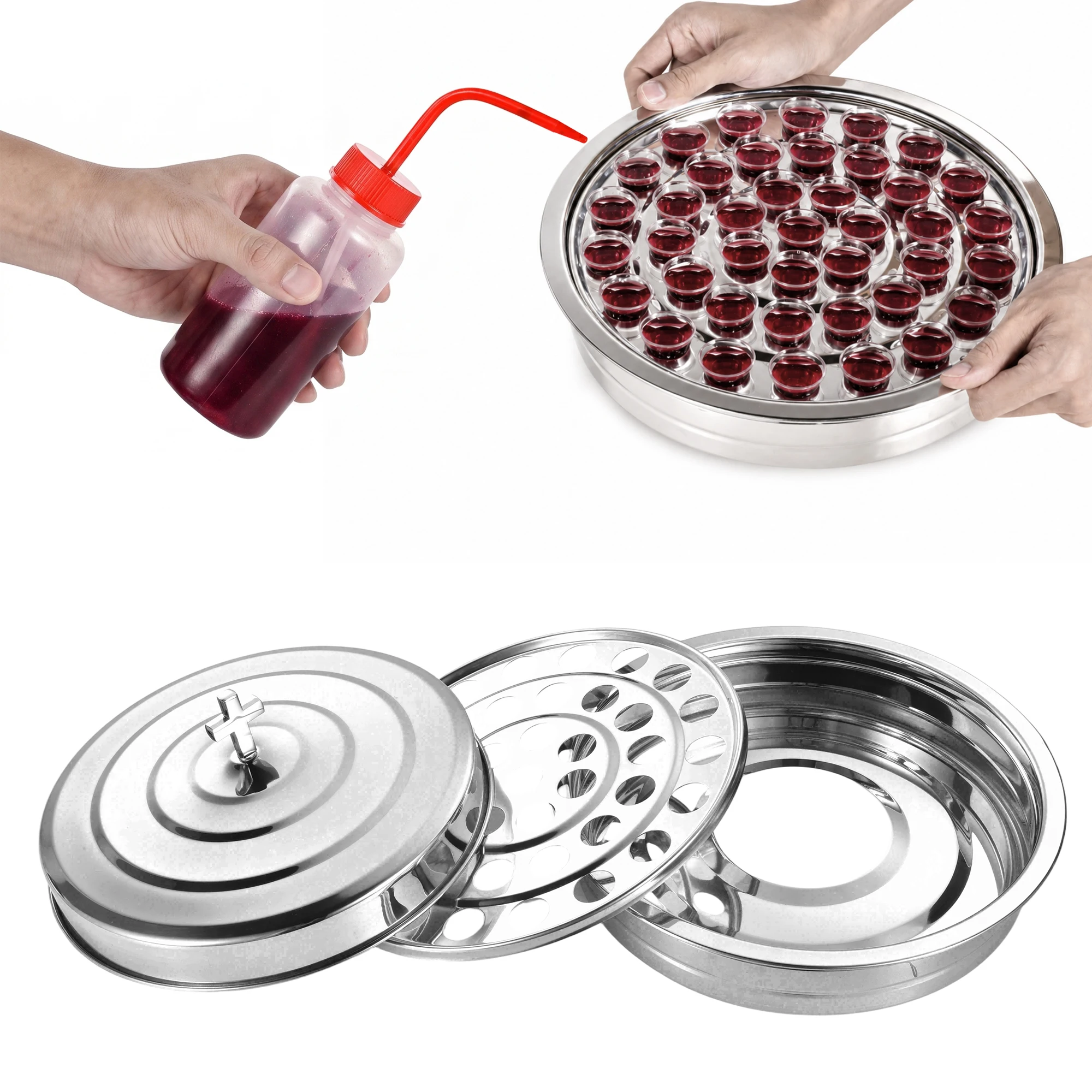 Communion Tray Set 3 Pack Holy Communion Trays with Lid and Cups Filler Stainless Steel Stackable Church Communion Ware, Removable 40 Holes Insert Dishwasher Safe Communion Supplies for Churches Chapel Baptism Wedding Sunday Services