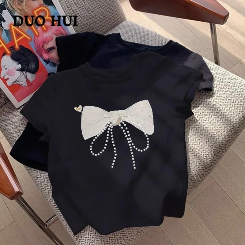 T-shirt estiva per donna moda coreana Designer di lusso con fiocco magliette grafiche manica corta Slim Fit top abbigliamento donna Tees