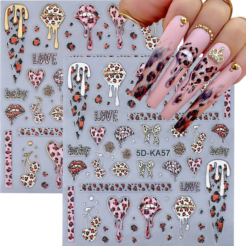 5D البرنز ليوبارد طباعة ملصقات الأظافر الكرز الشفاه تصميم المتزلجون ذاتية اللصق لمسمار الفن زينة عيد الحب مستلزمات الأظافر #3