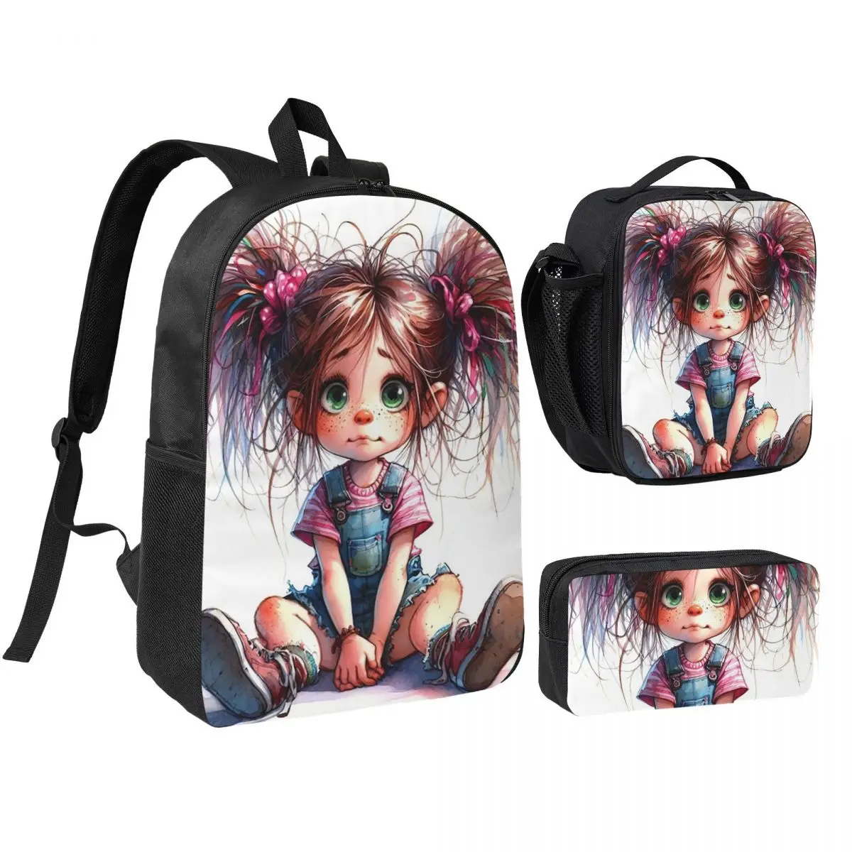 Whimsy Colorful Hair Girl Design Backpack Student BookBag School Bag Shoulder Bags 3ps Insulated Lunch Bag Pencil Case