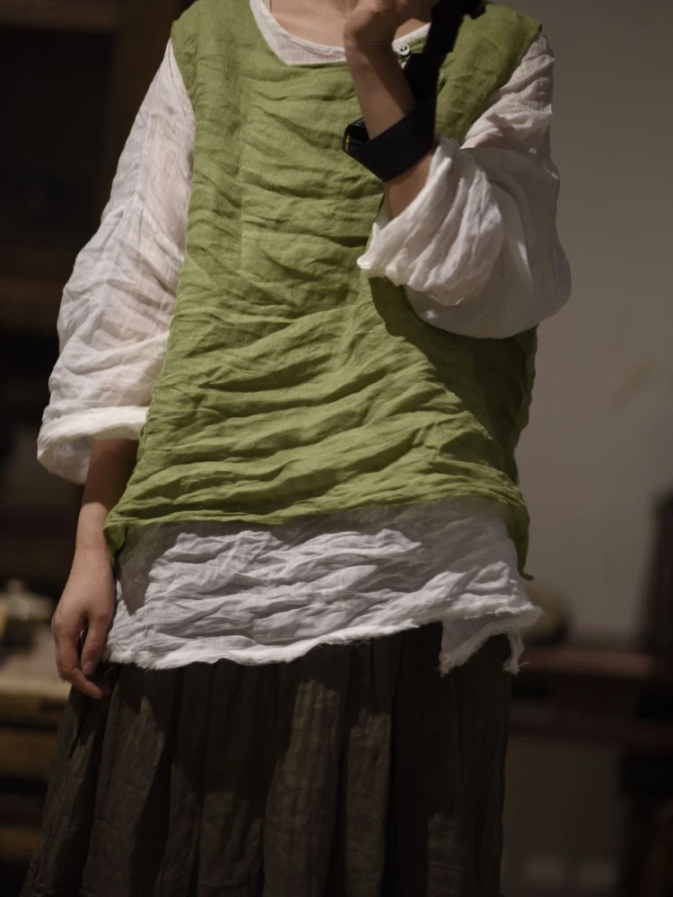 

Оригинальный однотонный городской жилет из льна в стиле ретро, весна-лето, свободного кроя, с круглым вырезом, с заниженной линией плеч, малый размер