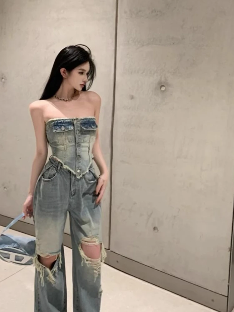 Summer New Streetwear Distressed Hole Sexy Irregular Denim Camisole Tops+Jeans Women 2-Piece Sets Hot Girl Casual Ladies Clothes