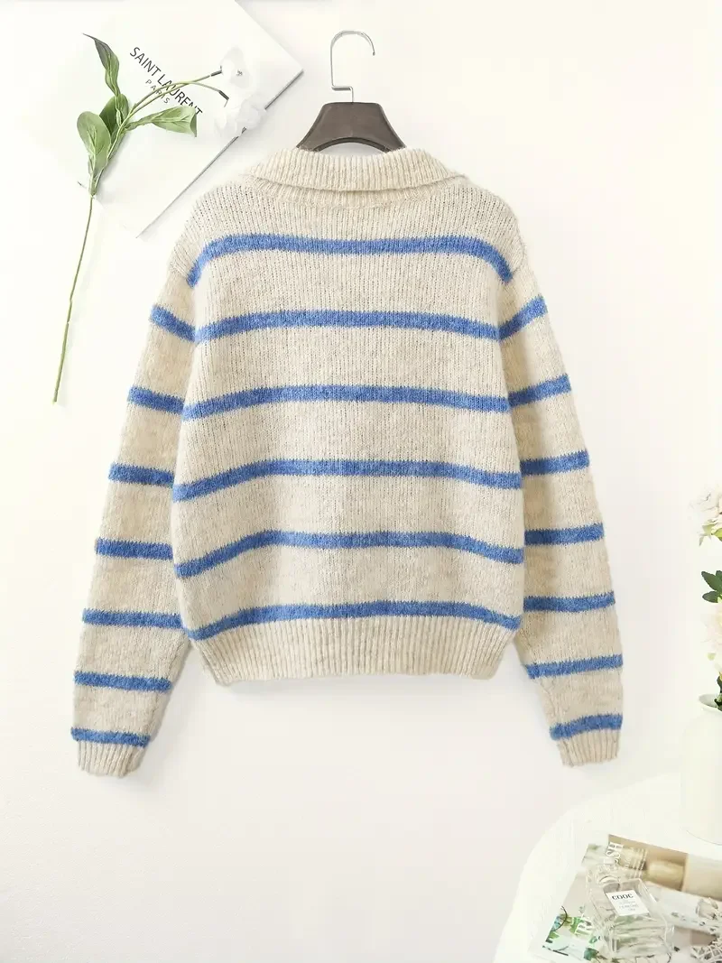 

Women's Fashion Casual POLO Collar Striped Knitted Hoodie Soft and Comfortable Intercolor Sweater