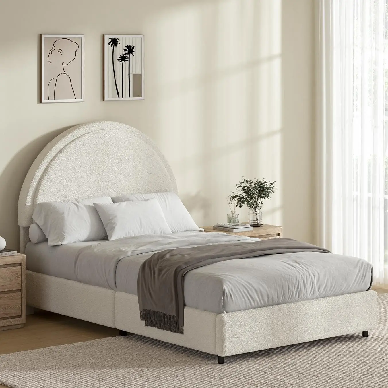 with Round Headboard, Soft Upholstered Bed Frame, Beige Bed Frame for Kids, Arch Shaped Modern Style, No