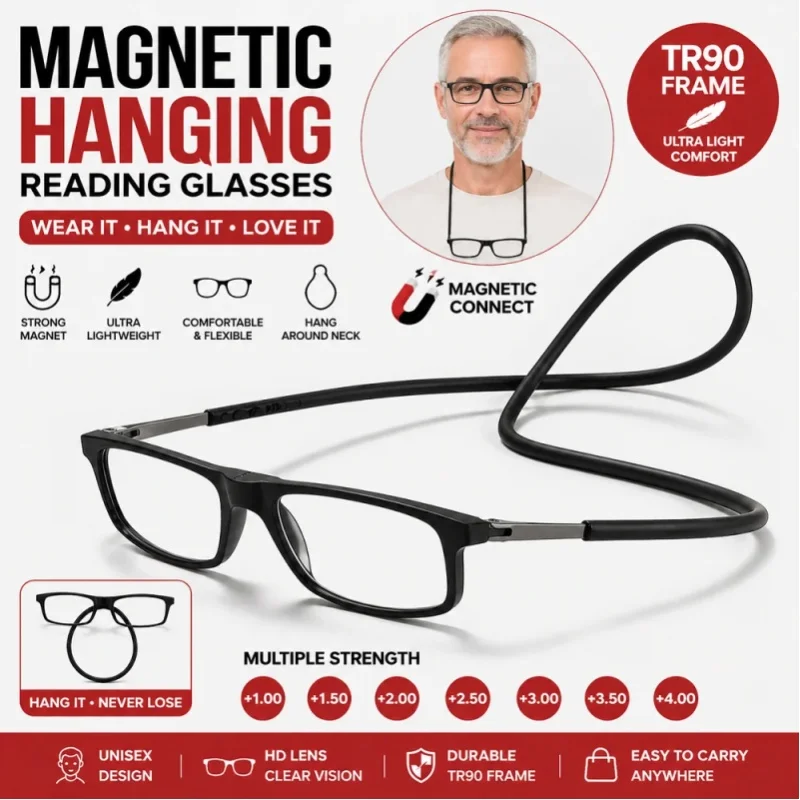 Neue faltbare, am Hals hängende magnetische Presbyopie-Brille, HD-Harz-Mode-Magnet-Presbyopie-Brille