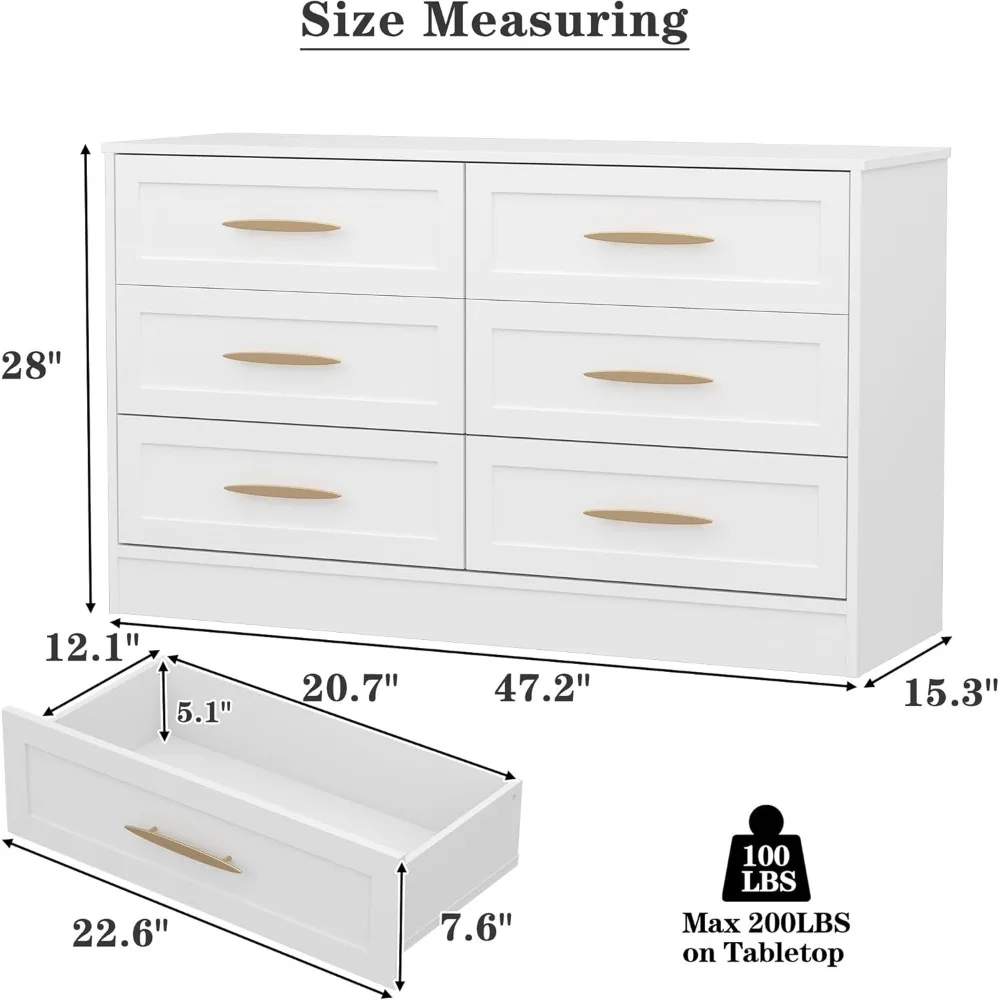 6 Drawer Dresser White and Gold, Tall Dresser for Bedroom, Wood Storage Cabinet, Storage Solution for Entryway and Hallway