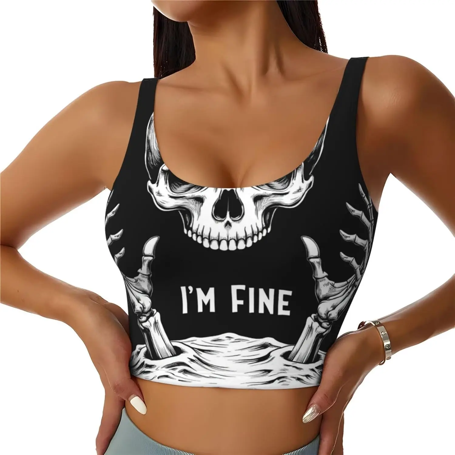 I Am Fine Skull Women Girls Sexy U-Shaped Back Sports Vest Athletic Tank Tops Activewear Goth Crop Top Comfortable