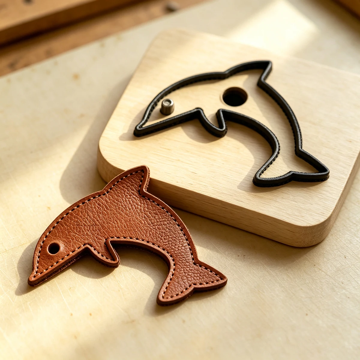 Wood‑Base Dolphin Steel Rule Cutting Die, Handmade Leather Craft Die Cutter, DIY Punch Tool for Leather Keychain, Pendant BM211