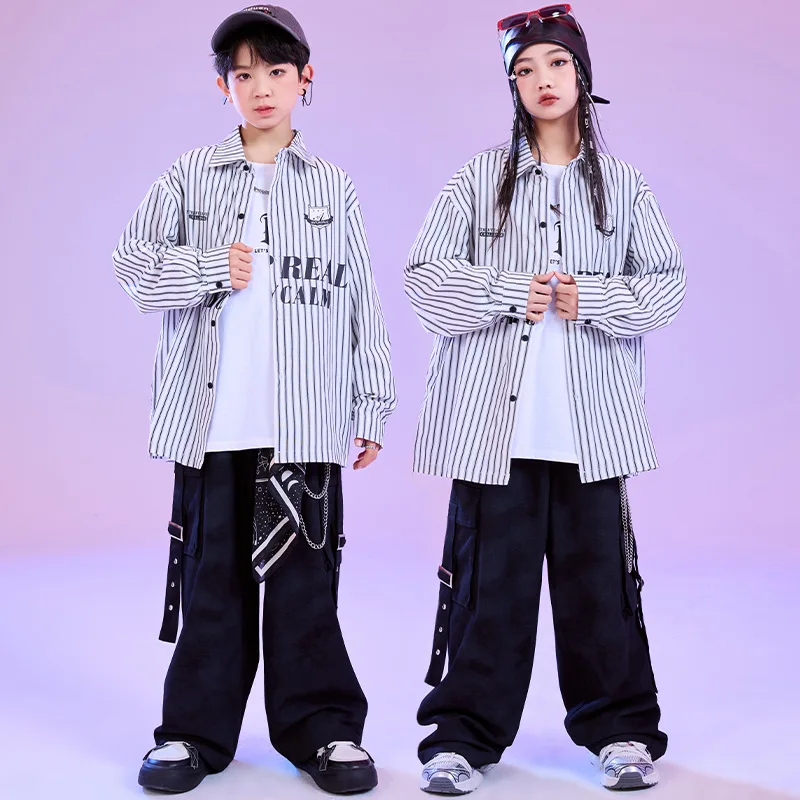 Kid Hip Hop Clothing White Striped Shirt Top Black Casual Strap Tie Dye Cargo Pants for Girl Boy Jazz Dance Wear Costume Clothes