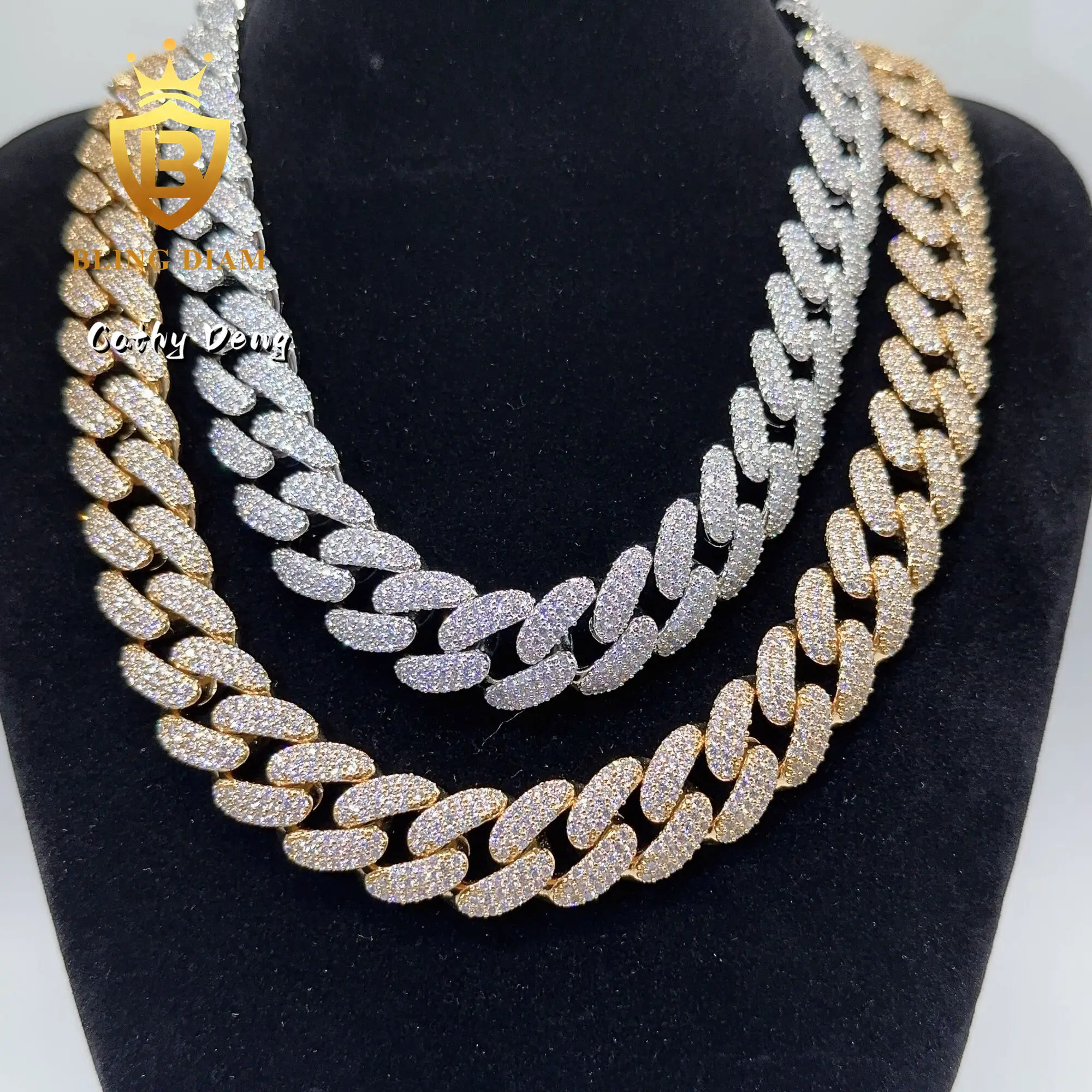 Ready to Ship 18mm 3 Rows Hiphop Zircon Cuban Link Necklace Brass 5a+cz Diamond Fashion Cuban Link Mens Chain