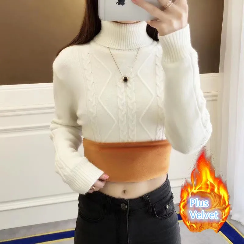 Fdfklak-سترة نسائية محبوكة بياقة دائرية وأكمام طويلة ، بلوفر أحادي اللون قاع ، سترة غير رسمية من الصوف المبطن ، خريف