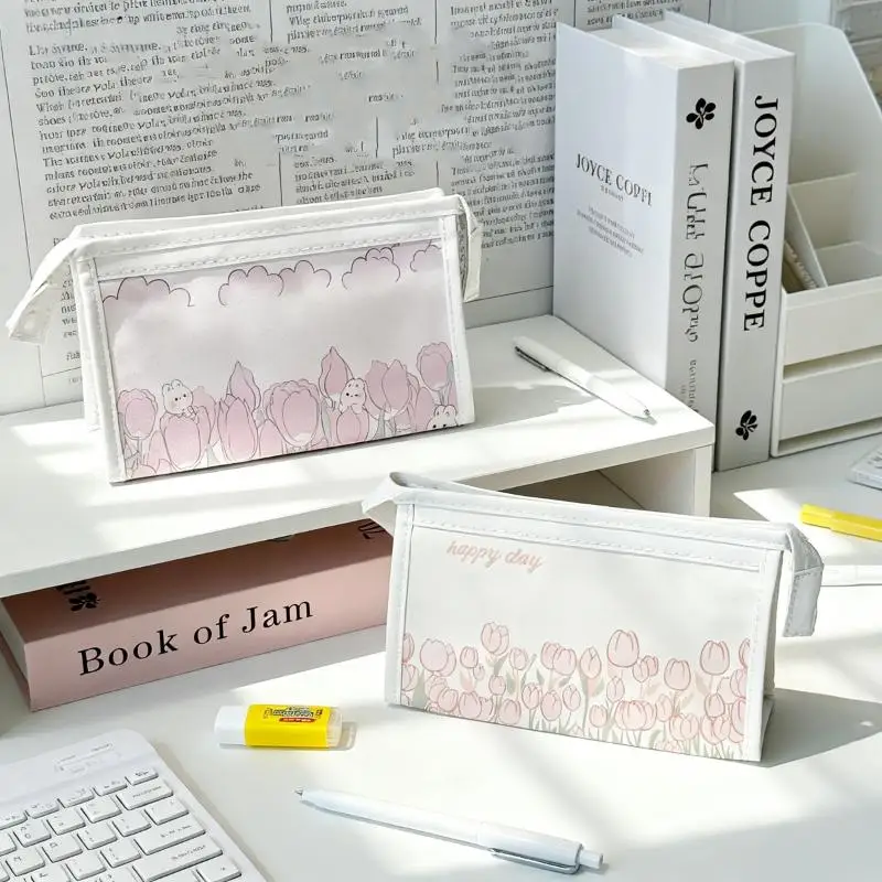 Cute Sweet Tulip Flower PU Pencil Case Large Capacity Stationery Bag Simple Multifunctional Waterproof Portable Storage Bag