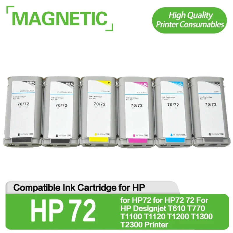 6pcs Magnetic Compatible Ink Cartridge for HP72 for HP72  72 For HP Designjet T610 T770 T1100 T1120 T1200 T1300 T2300 Printer