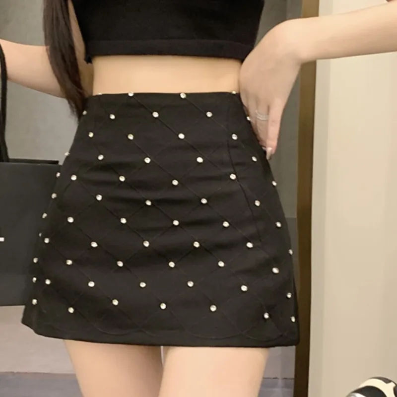 

Runway Beaded High Waist Fashion Sexy Mini A-Line Skirt Party Clothing Vestidos 2023 Summer Black Trend Ladies Luxury Skirt