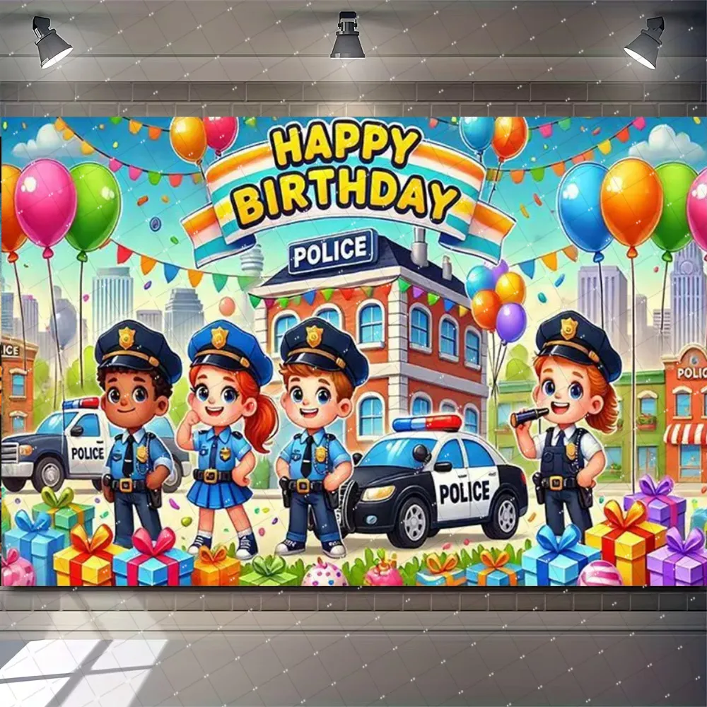 Police Theme Kids 1sth Birthday Party Personalized Photography Background Cartoon Policeman Baby Shower Photo Studio props