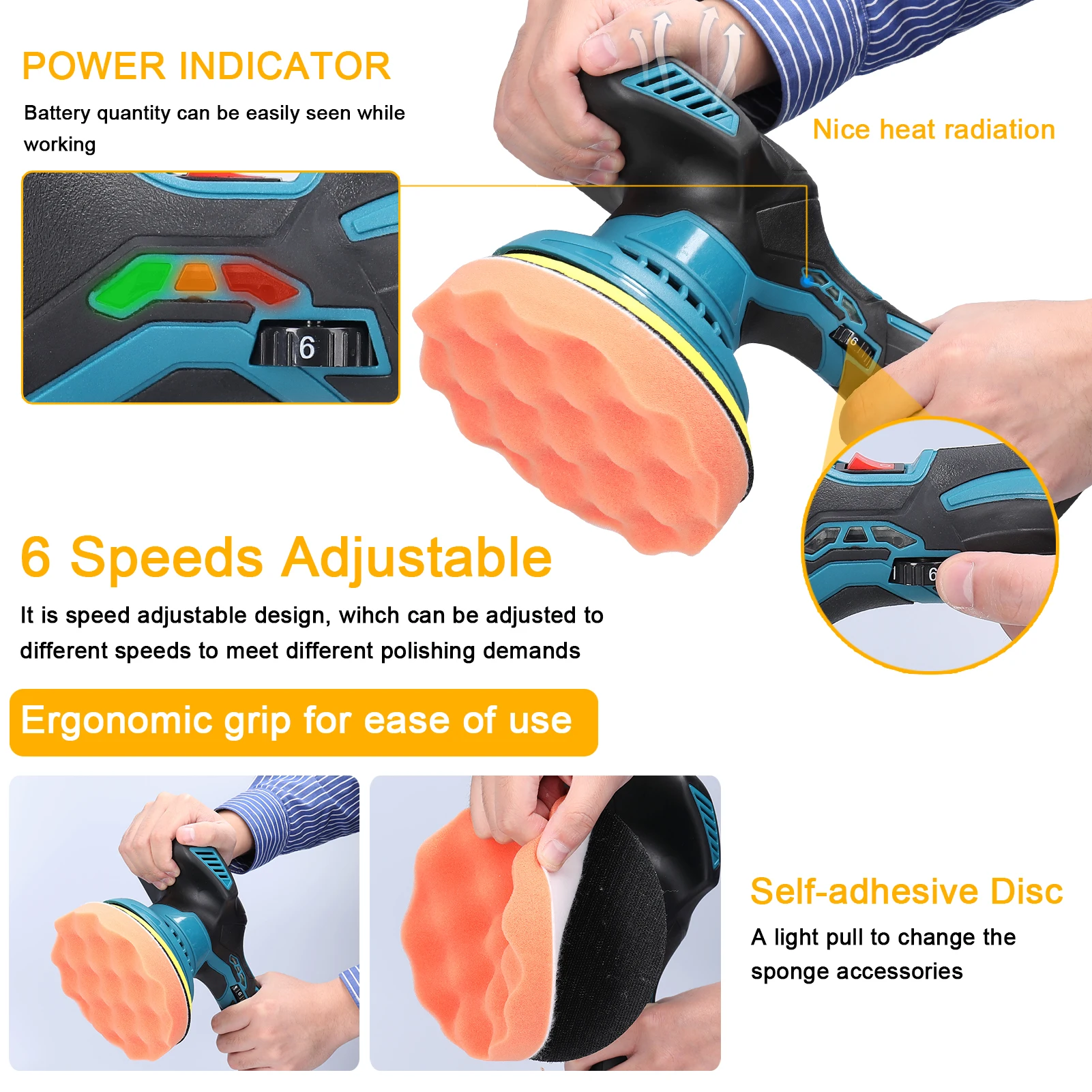 Cordless Excêntrico Car Polisher 8 Engrenagens de Velocidades Ajustável Elétrica Auto Polimento Máquina Multifuncional Metal Enceramento Madeira