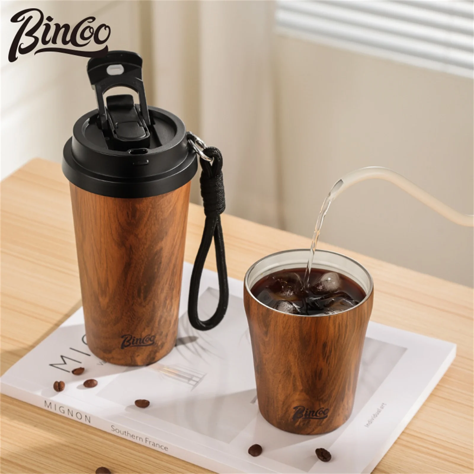 Bincoo 500ml Wood Grain Pattern Coffee Thermal Cup Coffee Travel Mug Insulated Vaccum Portable 304 Stainless Steel Thermos Cups