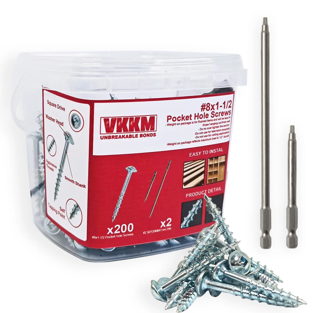 VKKM Heavy Duty Pocket Hole Screws -200-Piece Set with 2 Screwdriver Bits, Easy Installation for Unbreakable Bonds