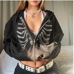 Women Gothic Black Zip Up Oversized Sweatshirts Y2K Rhinestone Skeleton Hoodies Female Retro Harajuku Hooded Jacket Streetwear