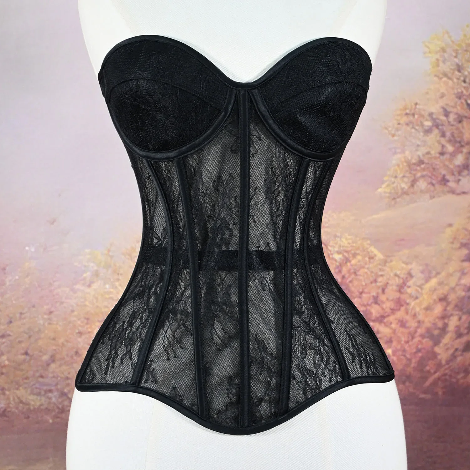 

Big Padding Satin Cups Steel Bones Korset Woman Hollow Out Strapless Lace Bra Bustiers Tops Mesh Women Lingerie Corsets