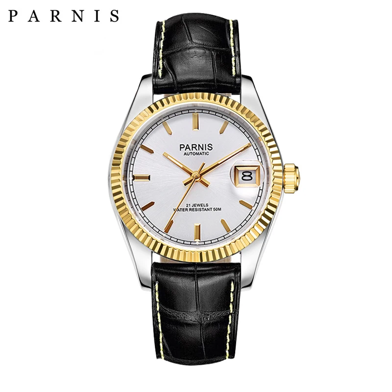 Imagem -04 - Parnis 36 mm Prata Ouro dos Homens Relógios de Cristal Safira 21 Jóias Miyota Movimento Automático Mecânico Masculino Relógio Pulso