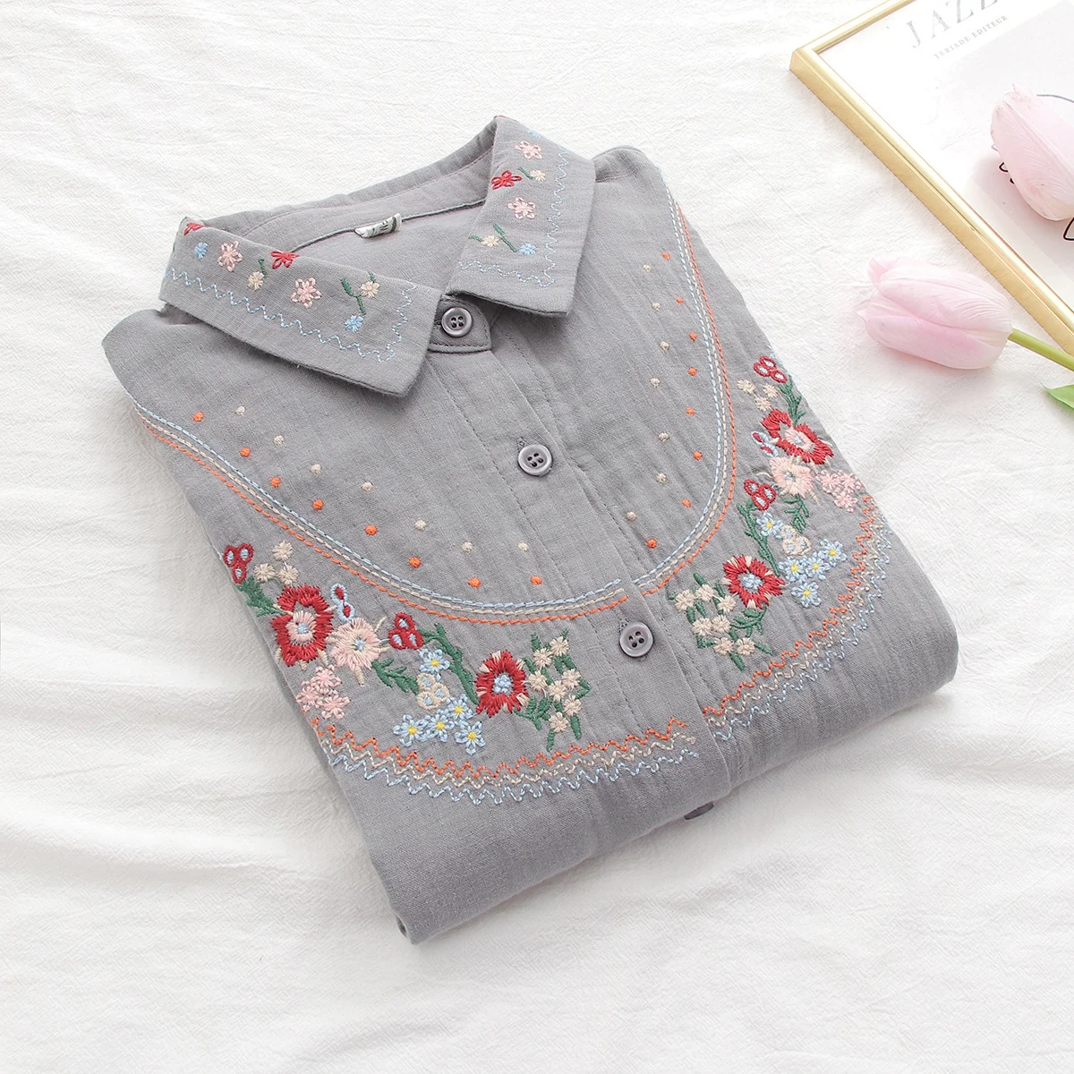 100% Cotton Yarn Gray Blouses for Women Ethnic Design Long Sleeve Flowers Embroidery Shirts & Blouses Japanese Vintage Clothes