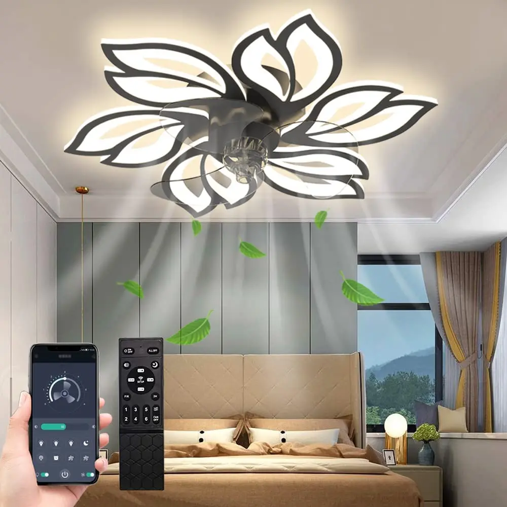 Ceiling Fan with Dimmable LED Fan Light and Remote Control 3 Color 6 Wind Speeds Flower Shape for Bedroom Kids Room White