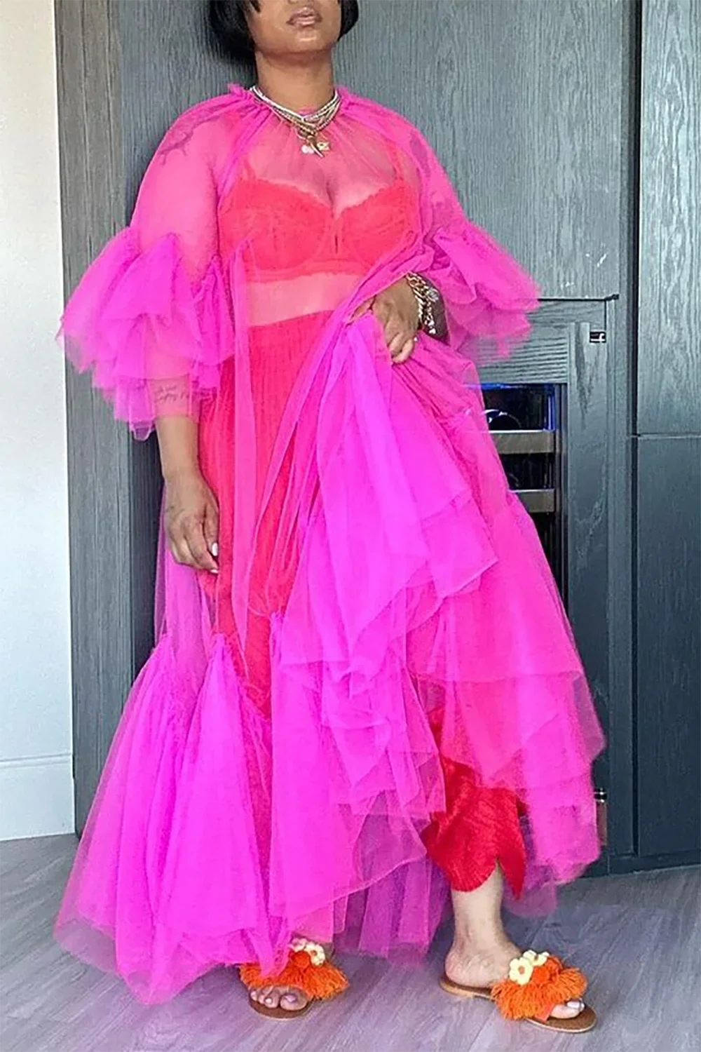 Plus Size Damska sukienka z cienkiej siateczki z rękawem w kształcie płatka Seksowna elegancka sukienka z falbanką na dole Magenta Okrągły dekolt