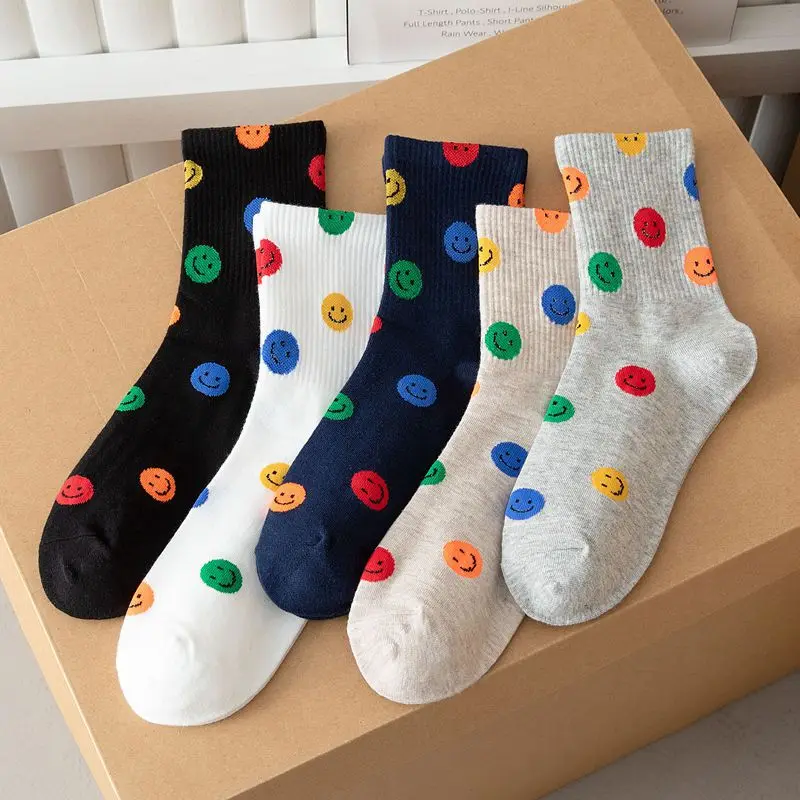 Fashion Women Socks Kawaii Cute Colorful Smile Face Print Japan Korean Style Happy  Harajuku Kawaii Sweet Girls Gift Crew Socks