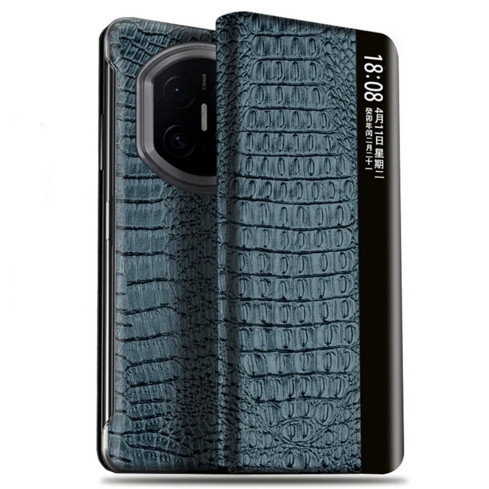 Natural Cowhide Leather Crocodile Pattern Case For Huawei Mate X7 Window View Cover