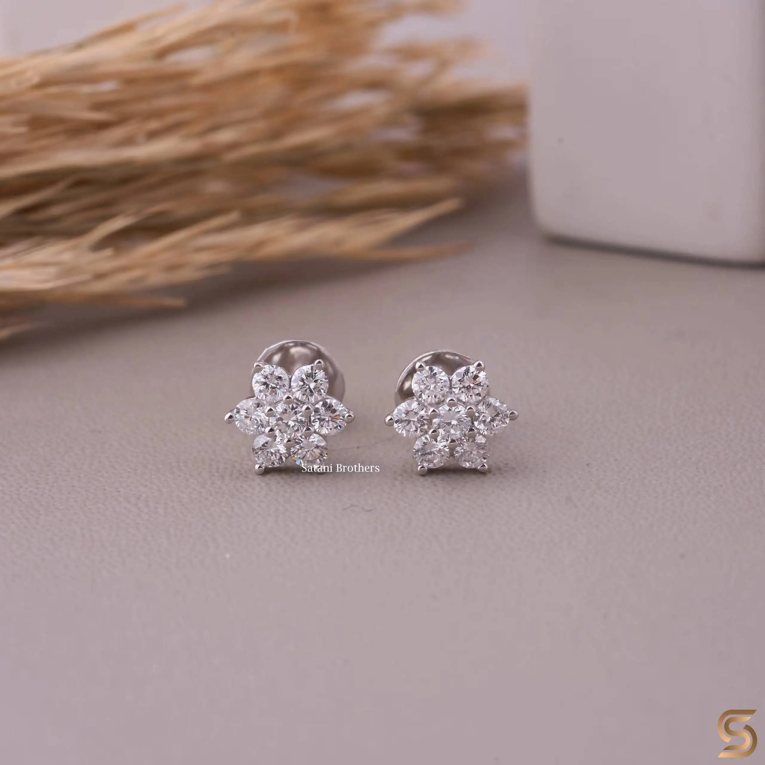 14K White Gold Moissanite Flower Stud Earrings | 0.36 CT Floral Cluster Round Cut Studs | Satani Brothers