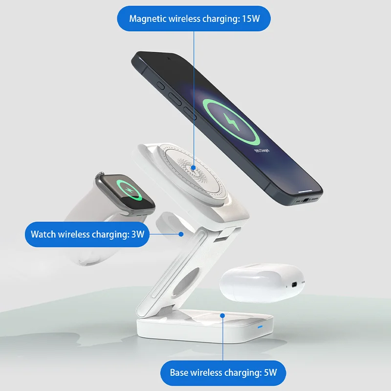 3 In 1 Magnetic Wireless Charger Pad Stand Foldable for iPhone 15 14 13 12 11 Apple Watch AirPods 15W Fast Charging Dock Station